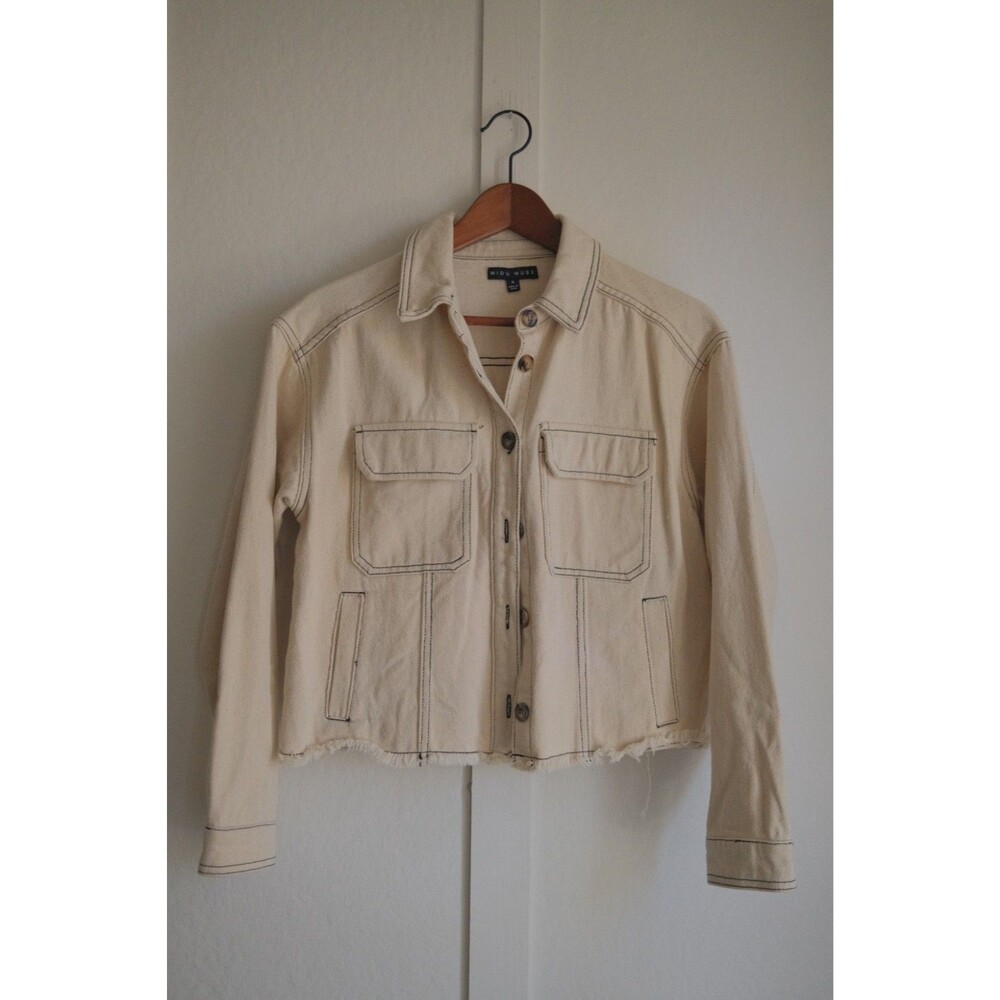 MIOU MUSE Cropped Denim Jacket Tan Cream Contrast Stitch Frayed Shacket Small